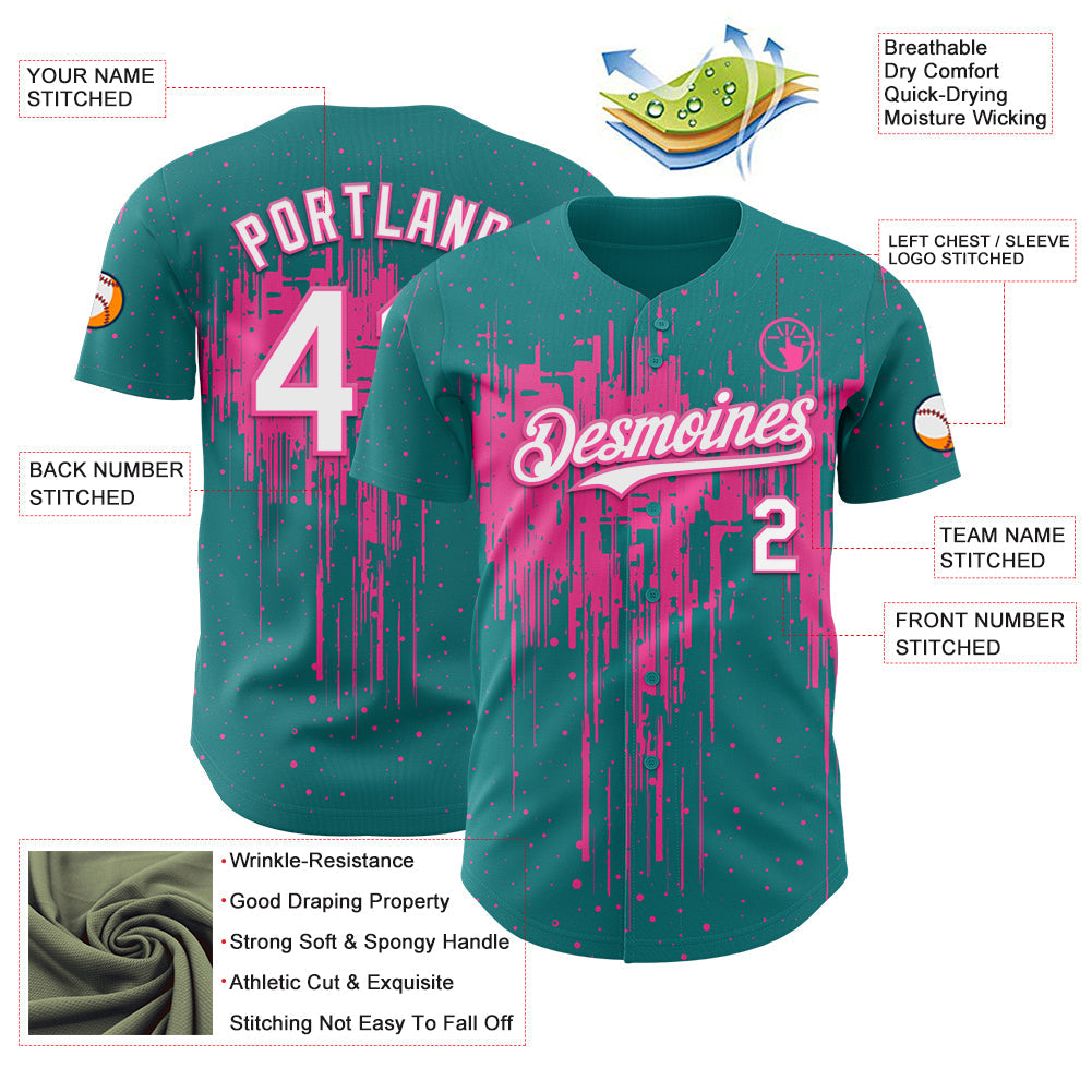 Custom Teal White-Pink Dripping Splatter Paint Authentic Baseball Jersey view 3