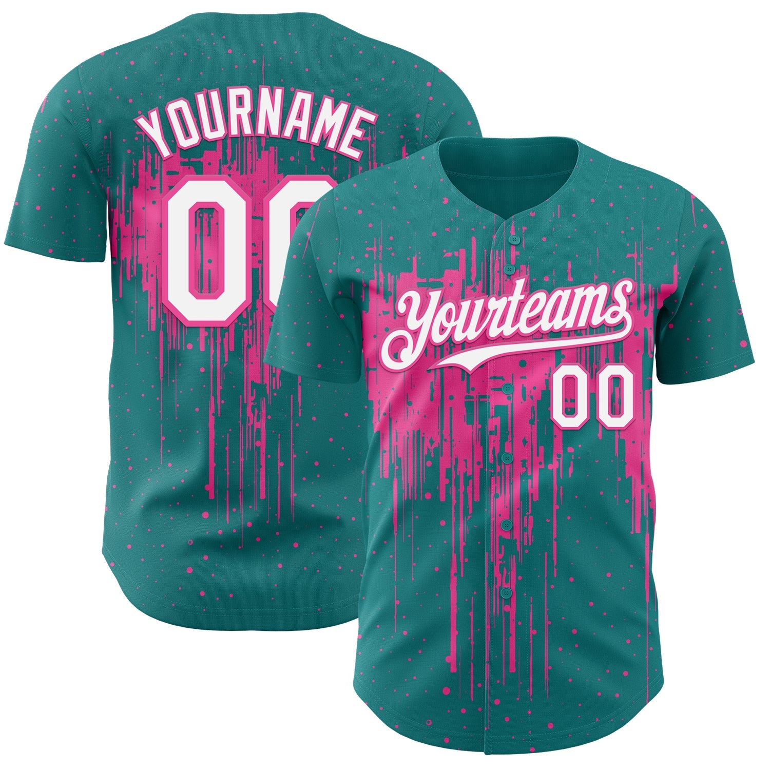 Custom Teal White-Pink Dripping Splatter Paint Authentic Baseball Jersey - Main View