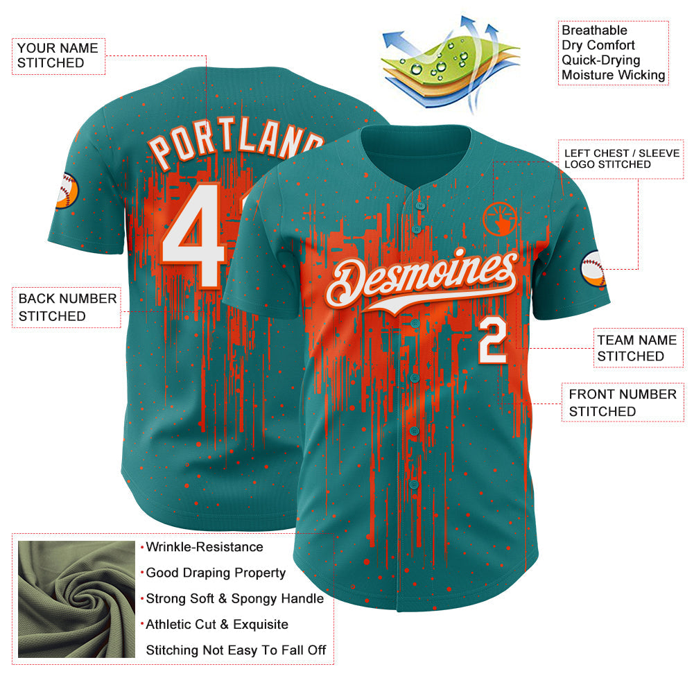Custom Teal White-Orange Dripping Splatter Paint Authentic Baseball Jersey view 3