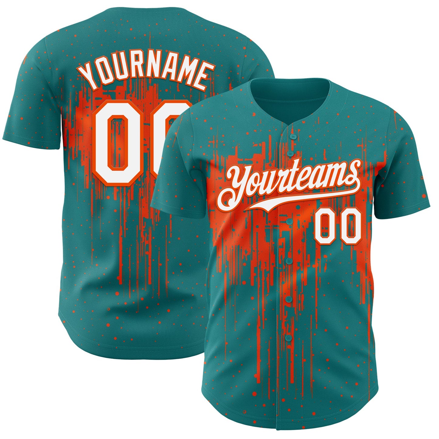 Custom Teal White-Orange Dripping Splatter Paint Authentic Baseball Jersey - Main View