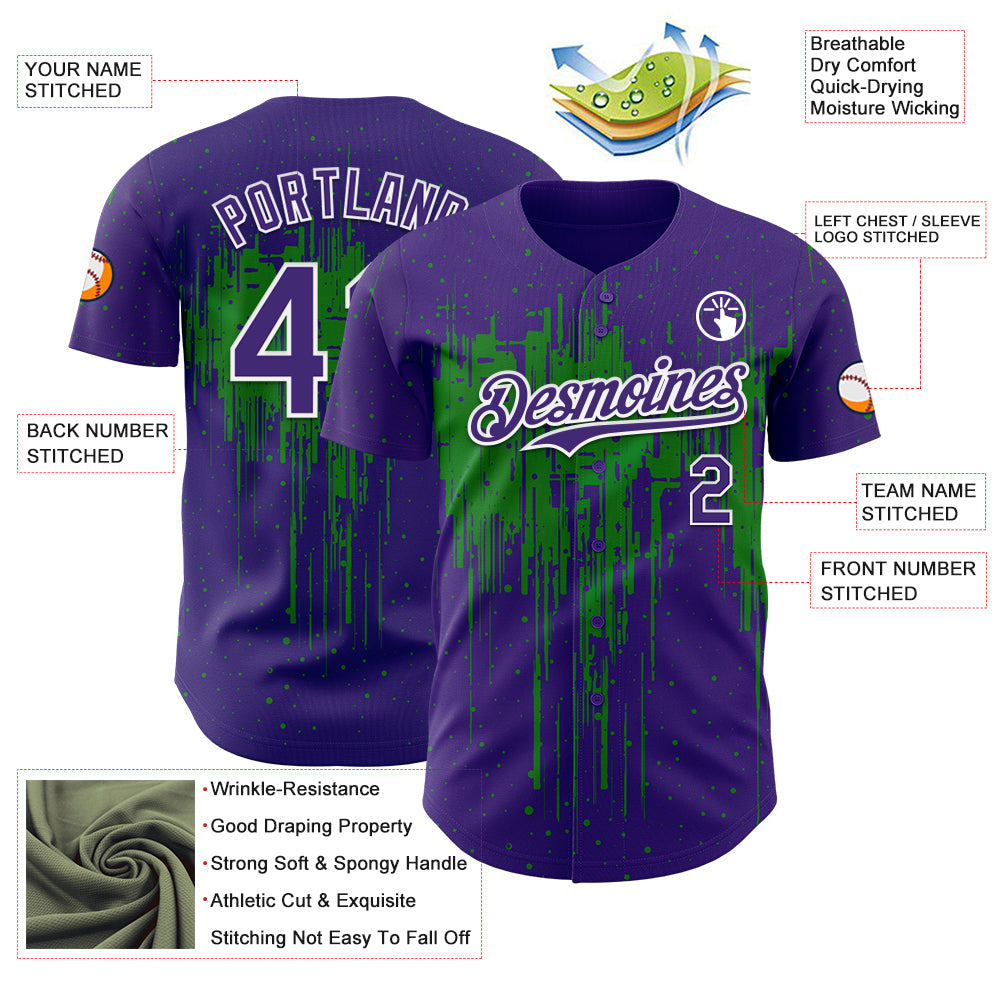 Custom Purple White-Grass Green Dripping Splatter Paint Authentic Baseball Jersey view 3