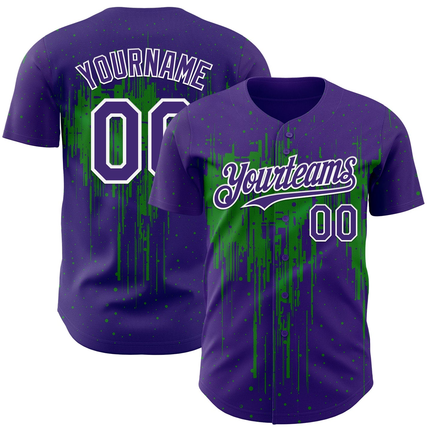 Custom Purple White-Grass Green Dripping Splatter Paint Authentic Baseball Jersey - Main View