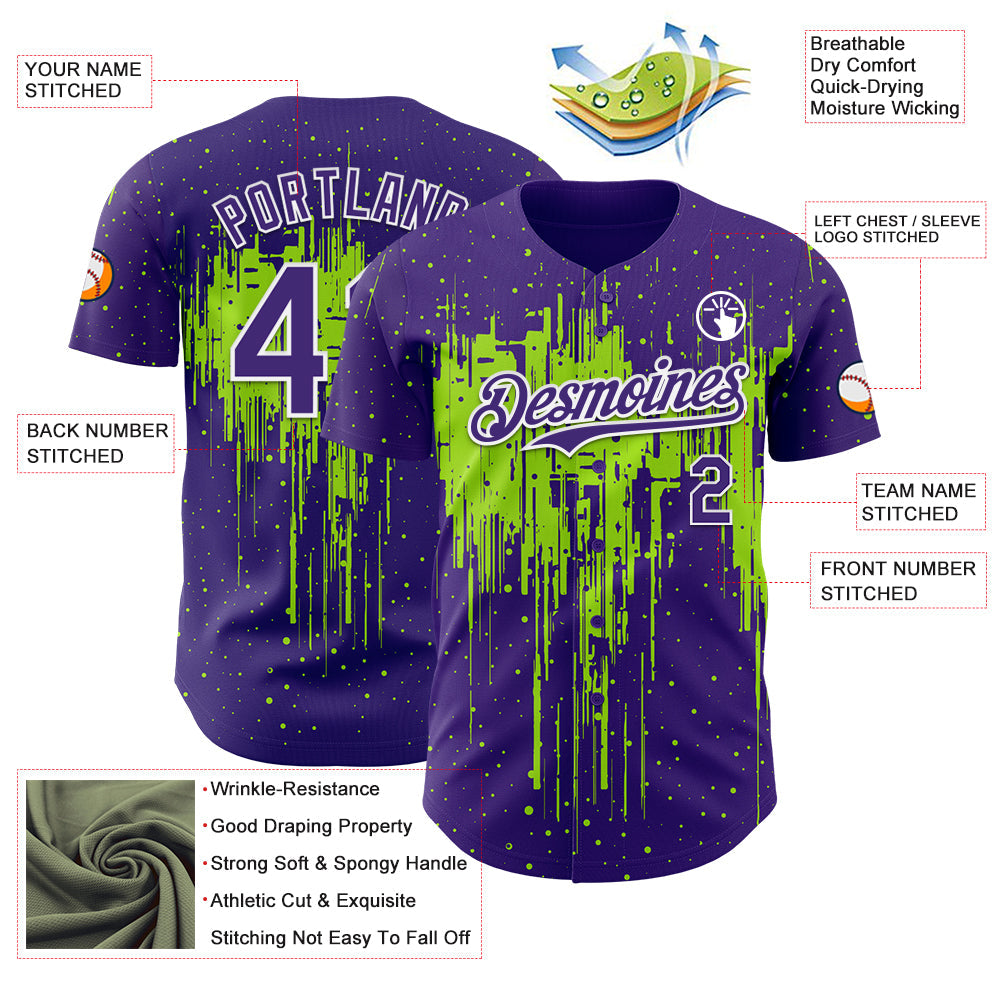 Custom Purple White-Neon Green Dripping Splatter Paint Authentic Baseball Jersey view 3
