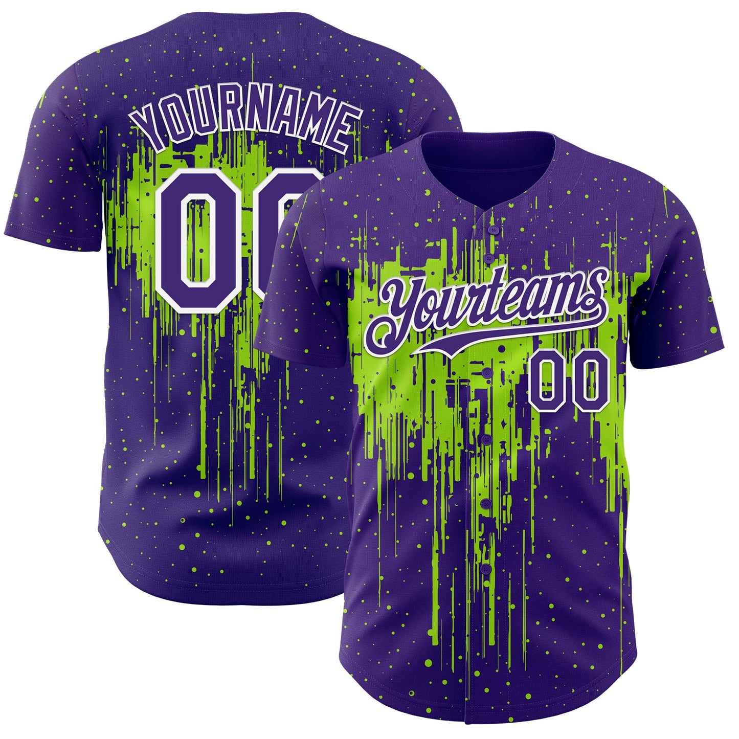 Custom Purple White-Neon Green Dripping Splatter Paint Authentic Baseball Jersey - Main View