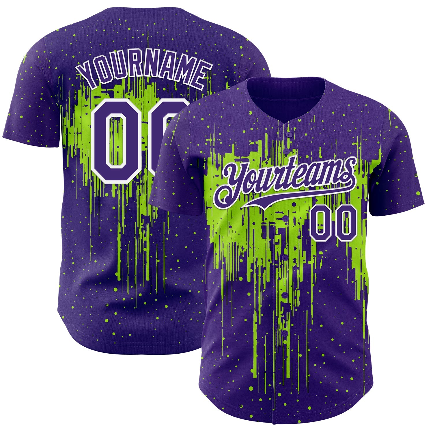 Custom Purple White-Neon Green Dripping Splatter Paint Authentic Baseball Jersey - Main View