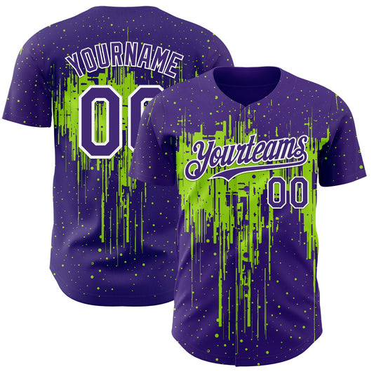 Custom Purple White-Neon Green Dripping Splatter Paint Authentic Baseball Jersey - Main View