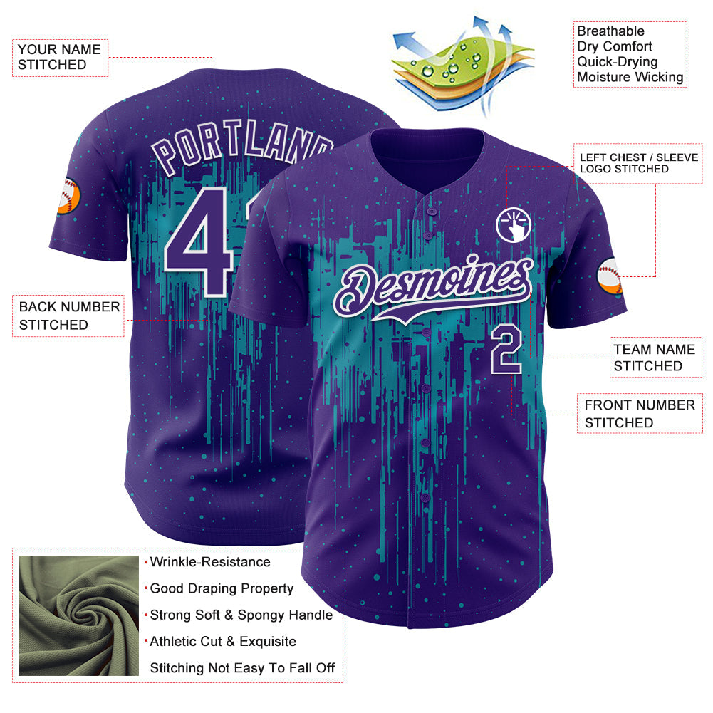 Custom Purple White-Teal Dripping Splatter Paint Authentic Baseball Jersey view 3