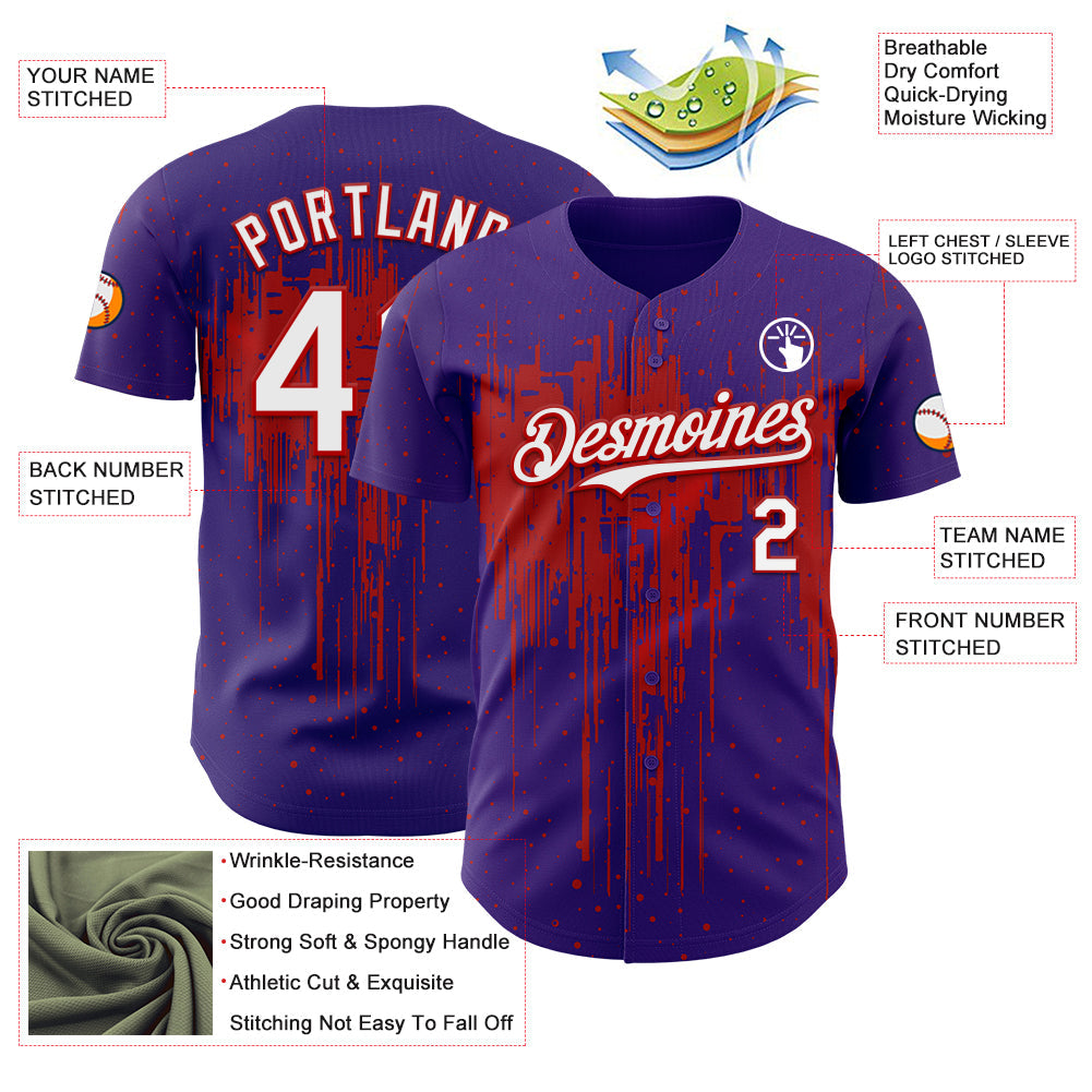 Custom Purple White-Red Dripping Splatter Paint Authentic Baseball Jersey view 3