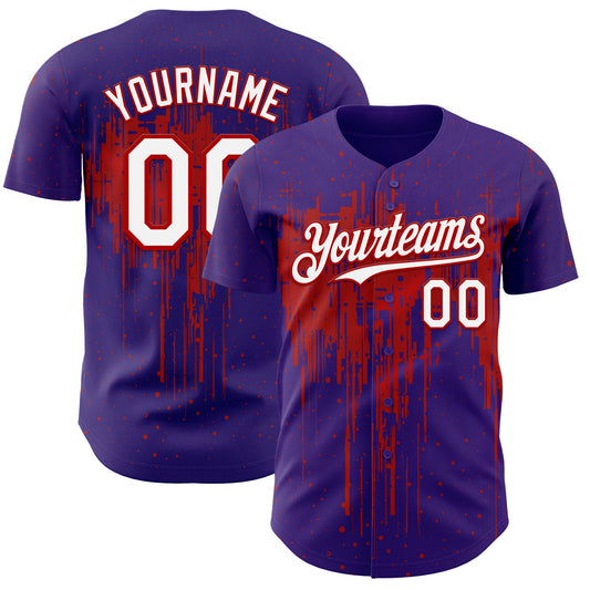 Custom Purple White-Red Dripping Splatter Paint Authentic Baseball Jersey - Main View