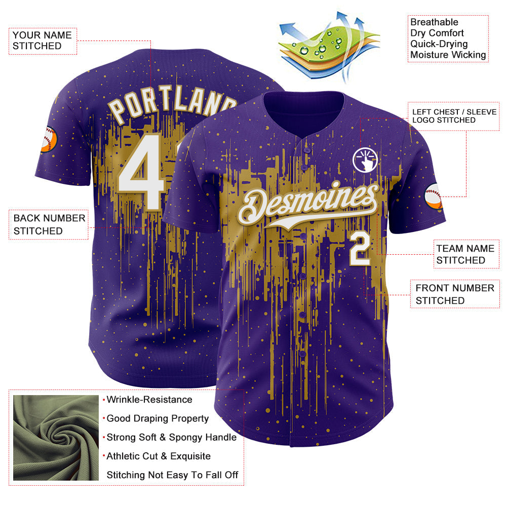 Custom Purple White-Old Gold Dripping Splatter Paint Authentic Baseball Jersey view 3