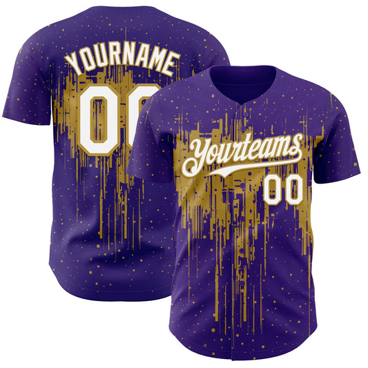 Custom Purple White-Old Gold Dripping Splatter Paint Authentic Baseball Jersey - Main View