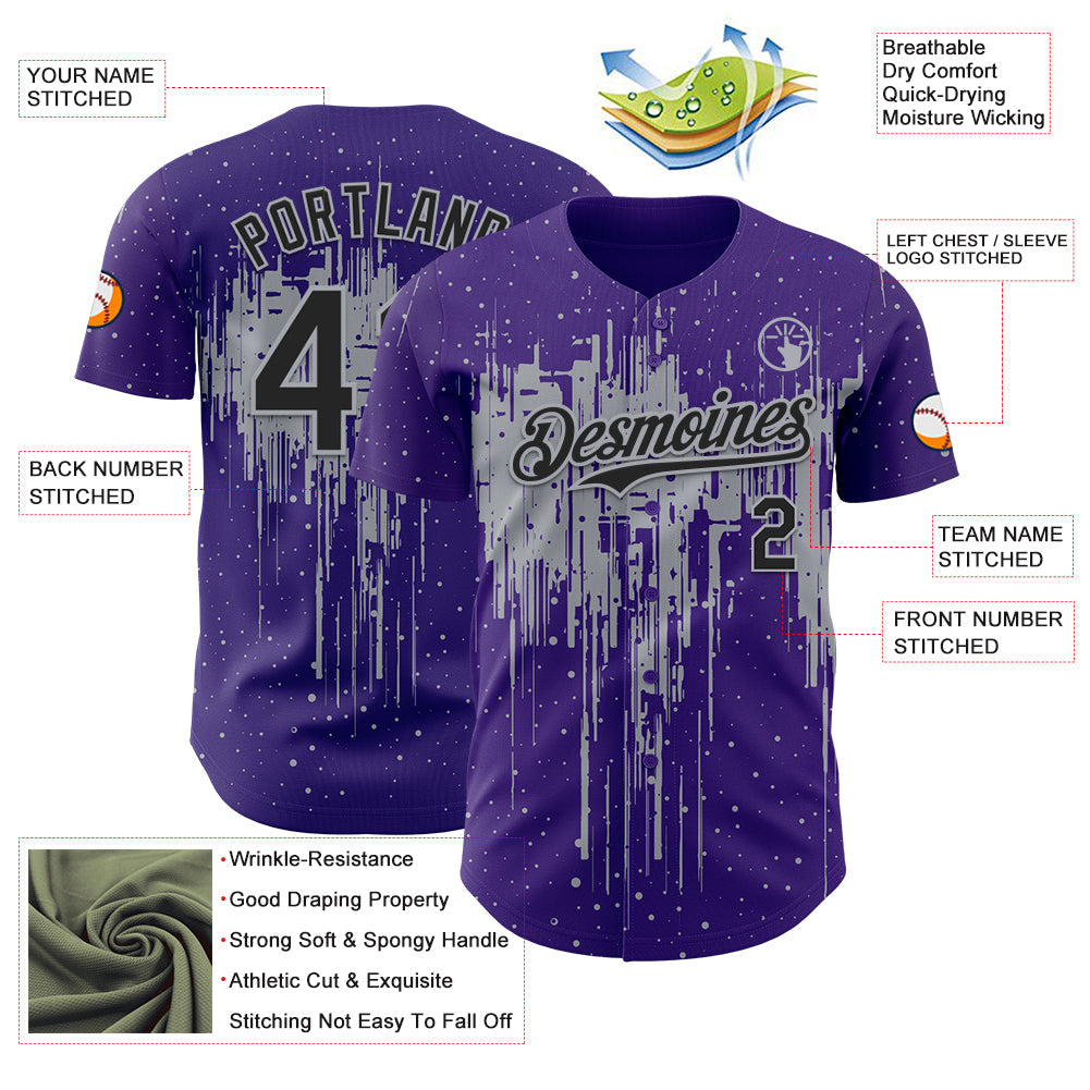 Custom Purple Black-Gray Dripping Splatter Paint Authentic Baseball Jersey view 3