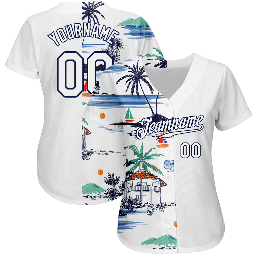 Custom White Navy 3D Pattern Design Hawaii Palm Trees Island And Sailboat Authentic Baseball Jersey view 2