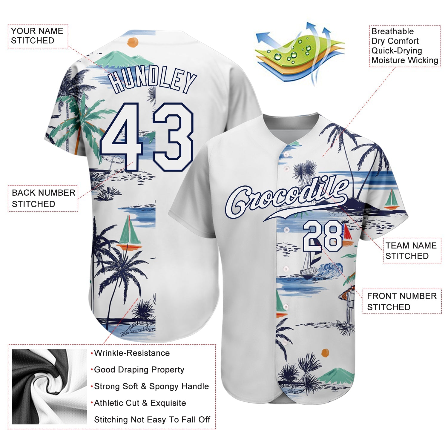Custom White Navy 3D Pattern Design Hawaii Palm Trees Island And Sailboat Authentic Baseball Jersey view 3