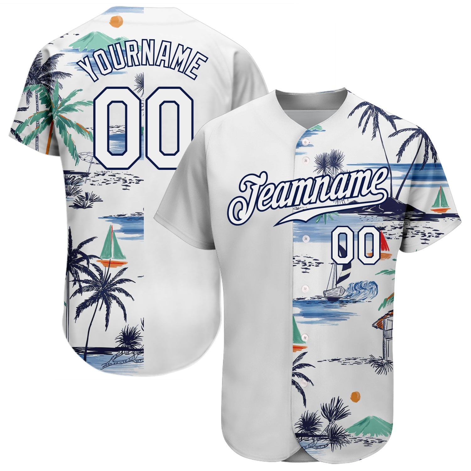 Custom White Navy 3D Pattern Design Hawaii Palm Trees Island And Sailboat Authentic Baseball Jersey - Main View