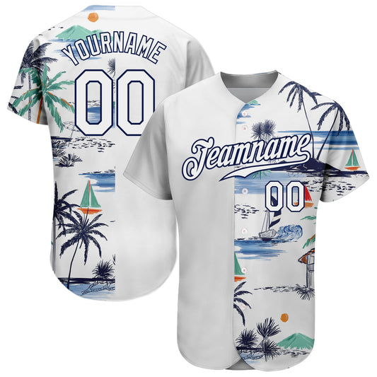 Custom White Navy 3D Pattern Design Hawaii Palm Trees Island And Sailboat Authentic Baseball Jersey - Main View