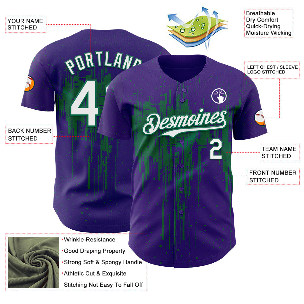 Custom Purple White-Kelly Green Dripping Splatter Paint Authentic Baseball Jersey view 3