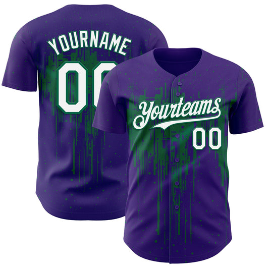 Custom Purple White-Kelly Green Dripping Splatter Paint Authentic Baseball Jersey - Main View