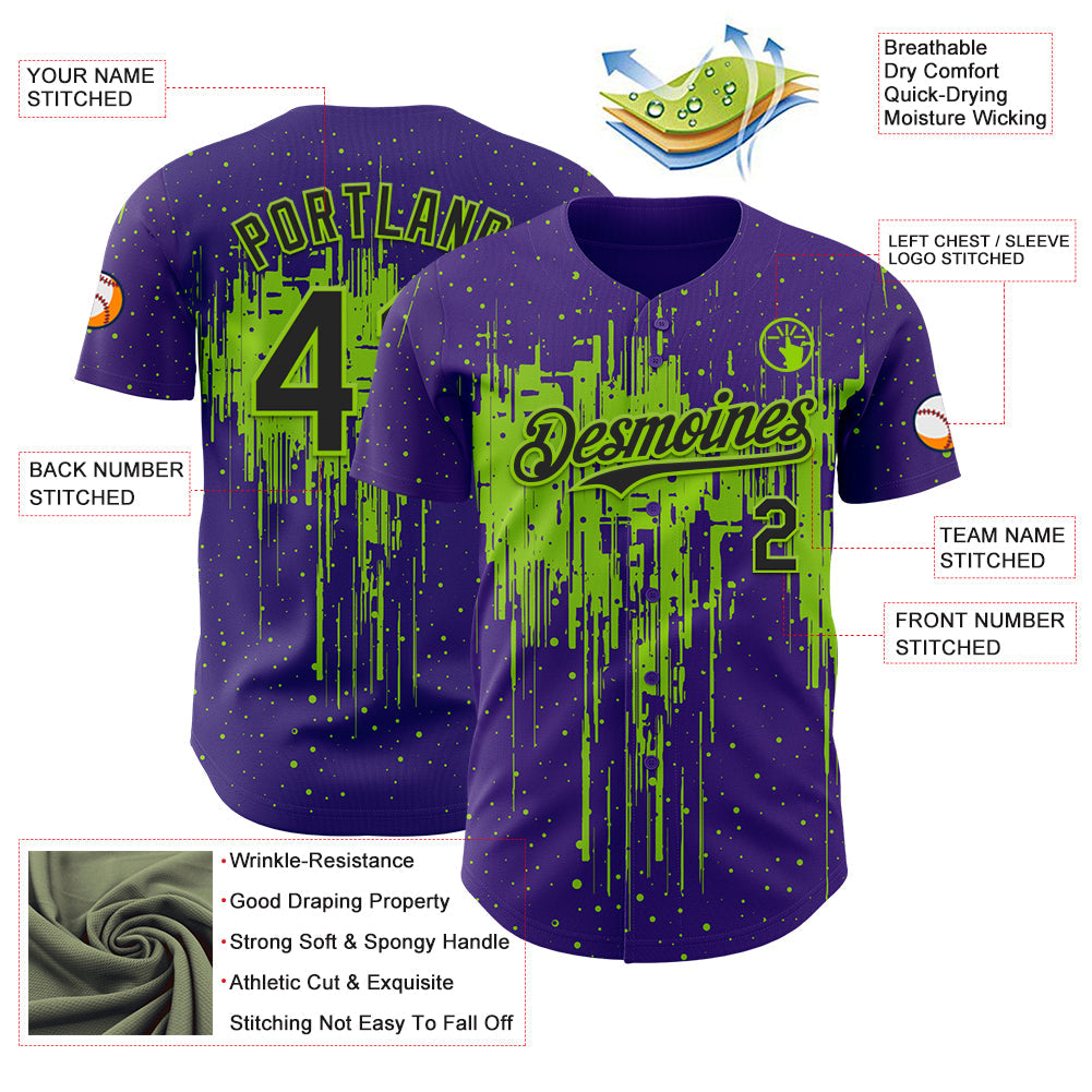 Custom Purple Black-Neon Green Dripping Splatter Paint Authentic Baseball Jersey view 3