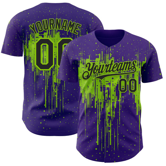 Custom Purple Black-Neon Green Dripping Splatter Paint Authentic Baseball Jersey - Main View