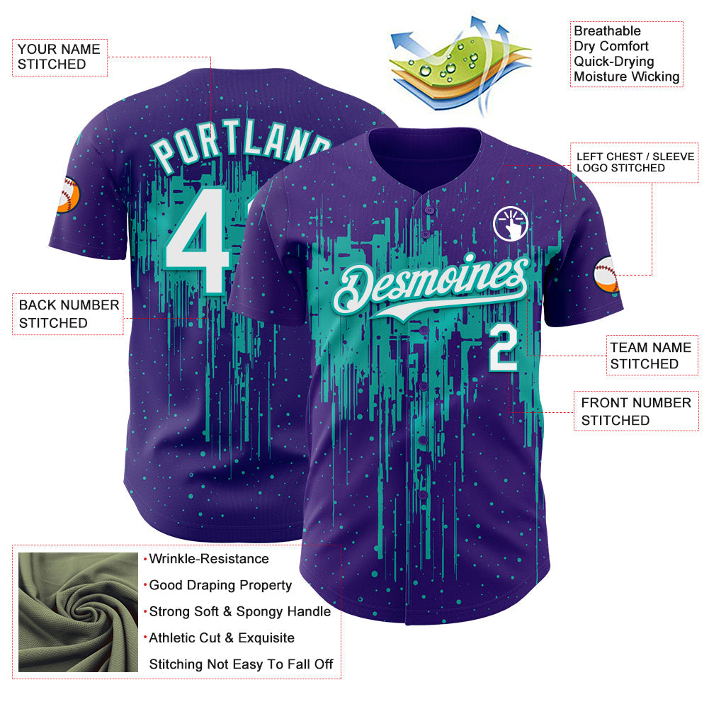 Custom Purple White-Aqua Dripping Splatter Paint Authentic Baseball Jersey view 3