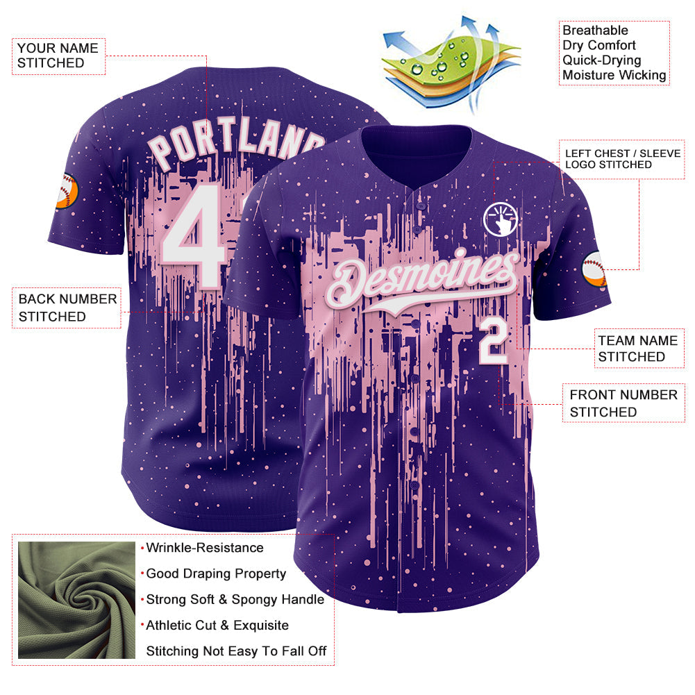 Custom Purple White-Light Pink Dripping Splatter Paint Authentic Baseball Jersey view 3