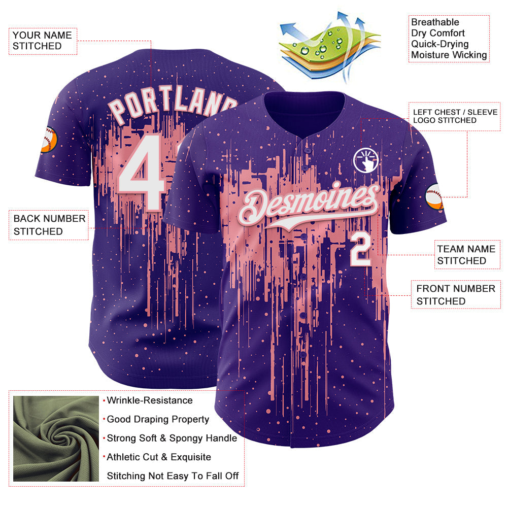 Custom Purple White-Medium Pink Dripping Splatter Paint Authentic Baseball Jersey view 3
