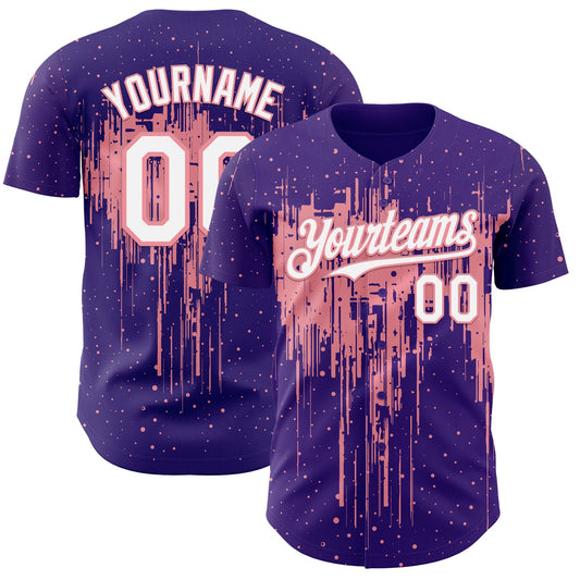 Custom Purple White-Medium Pink Dripping Splatter Paint Authentic Baseball Jersey - Main View