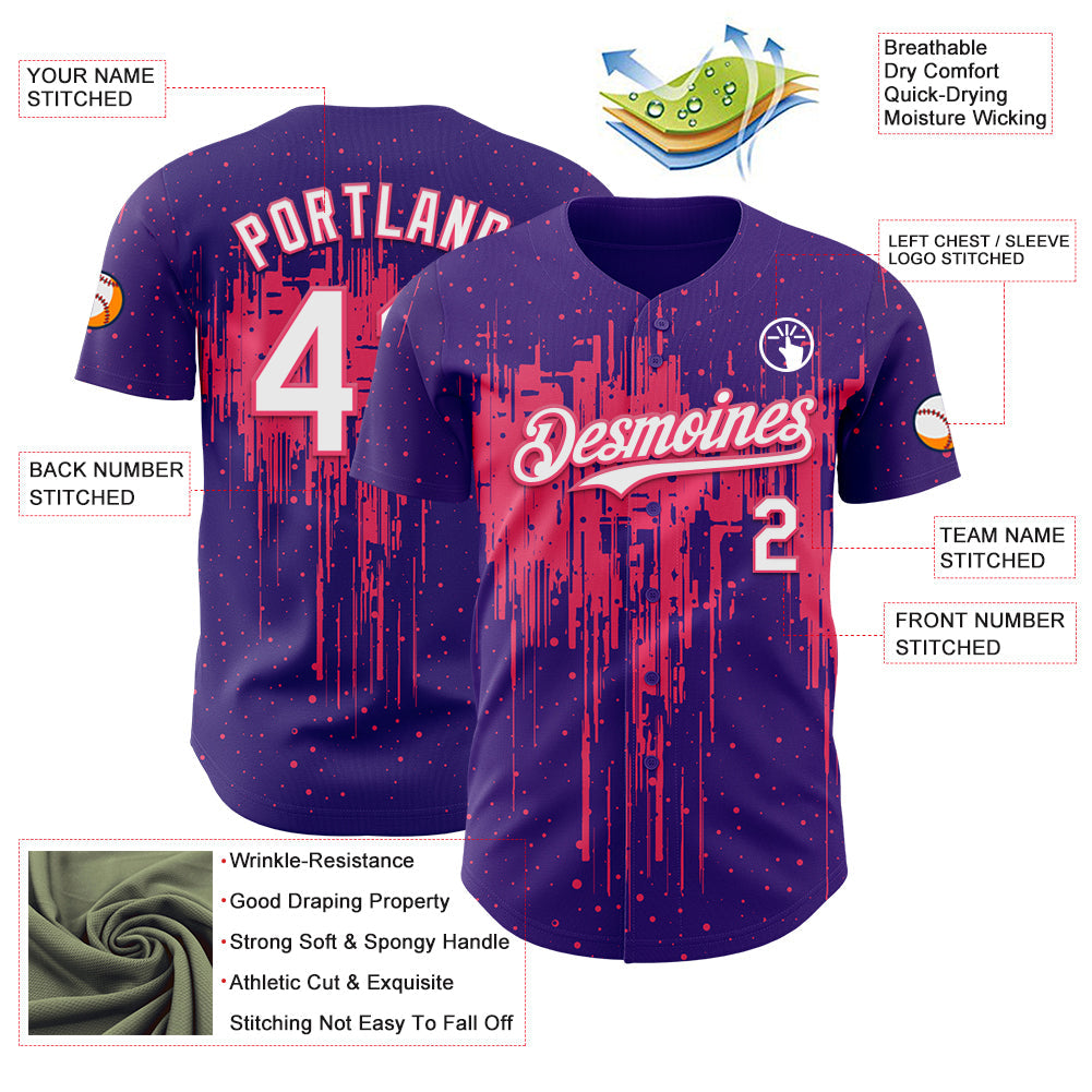 Custom Purple White-Neon Pink Dripping Splatter Paint Authentic Baseball Jersey view 3