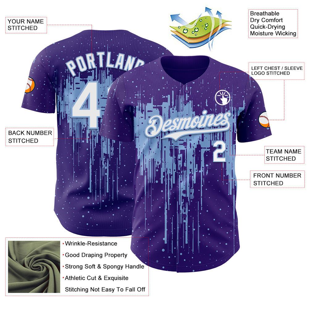 Custom Purple White-Light Blue Dripping Splatter Paint Authentic Baseball Jersey view 3