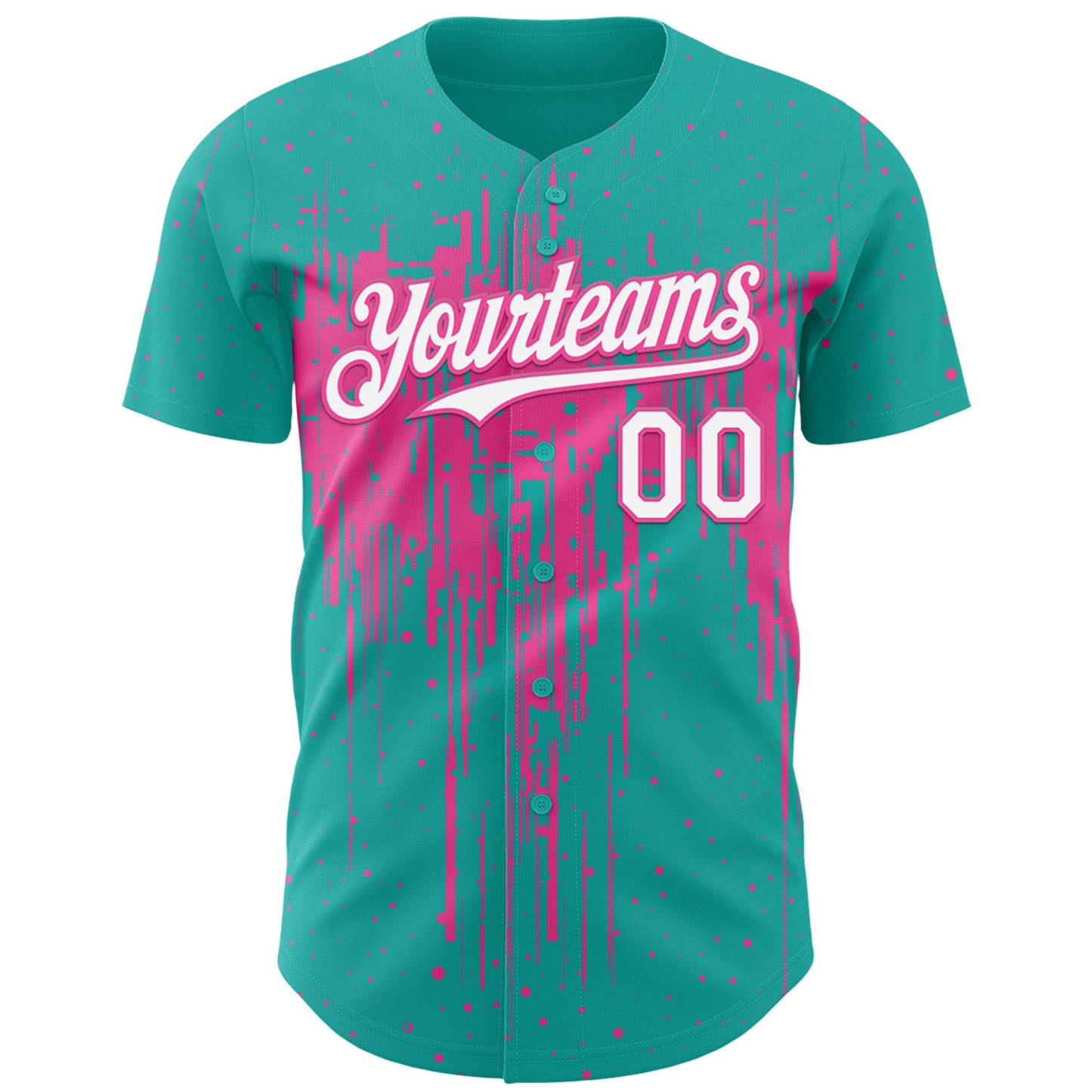 Custom Aqua White-Pink Dripping Splatter Paint Authentic Baseball Jersey view 2