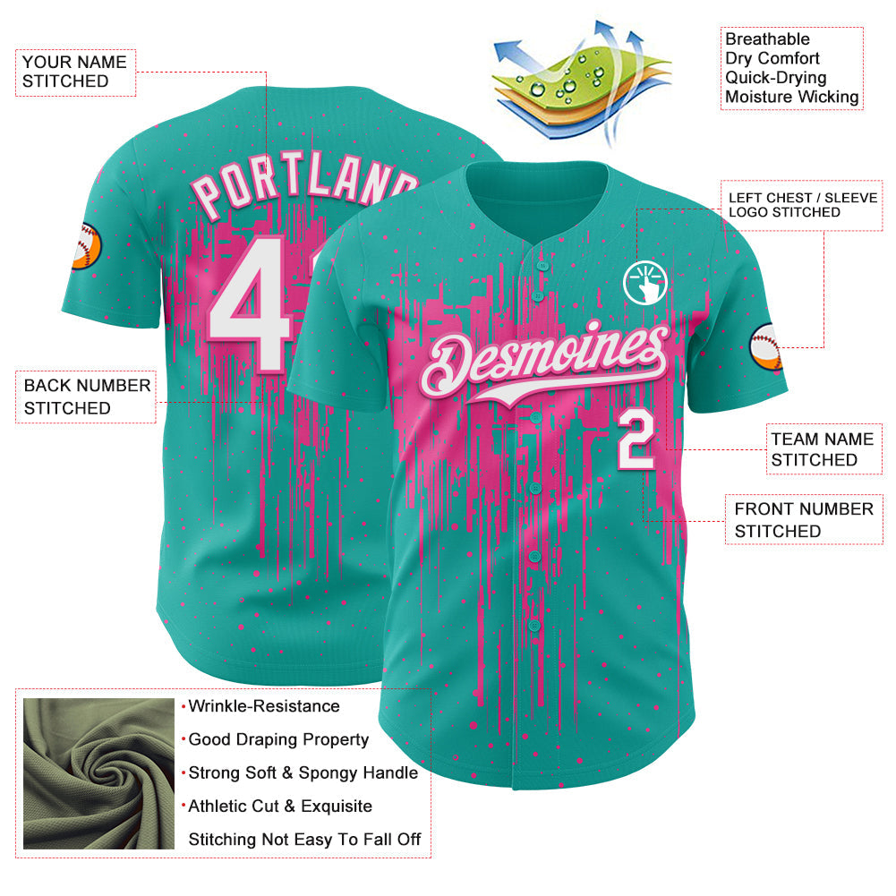 Custom Aqua White-Pink Dripping Splatter Paint Authentic Baseball Jersey view 3