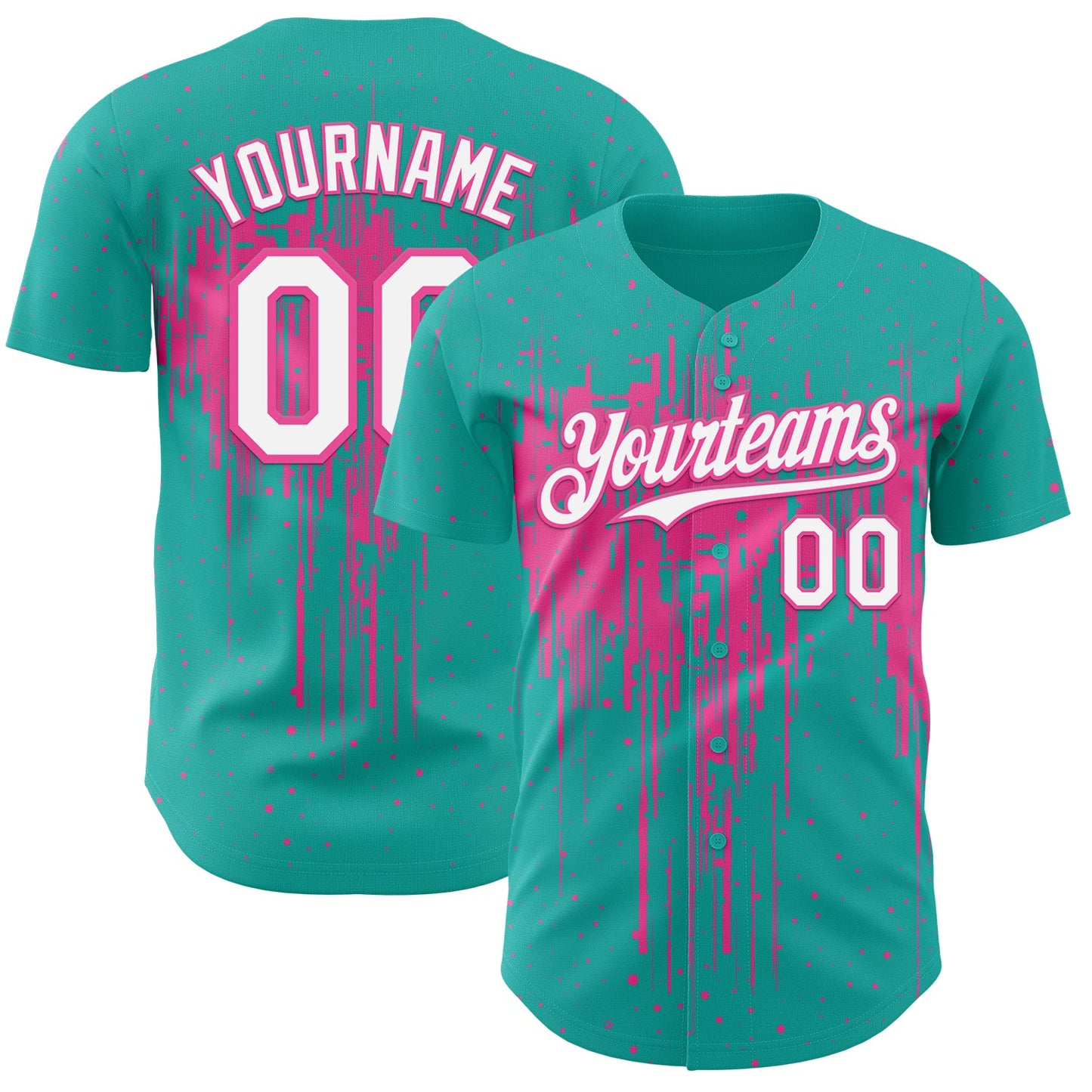 Custom Aqua White-Pink Dripping Splatter Paint Authentic Baseball Jersey - Main View