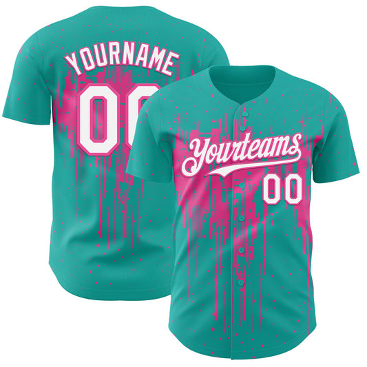 Custom Aqua White-Pink Dripping Splatter Paint Authentic Baseball Jersey - Main View