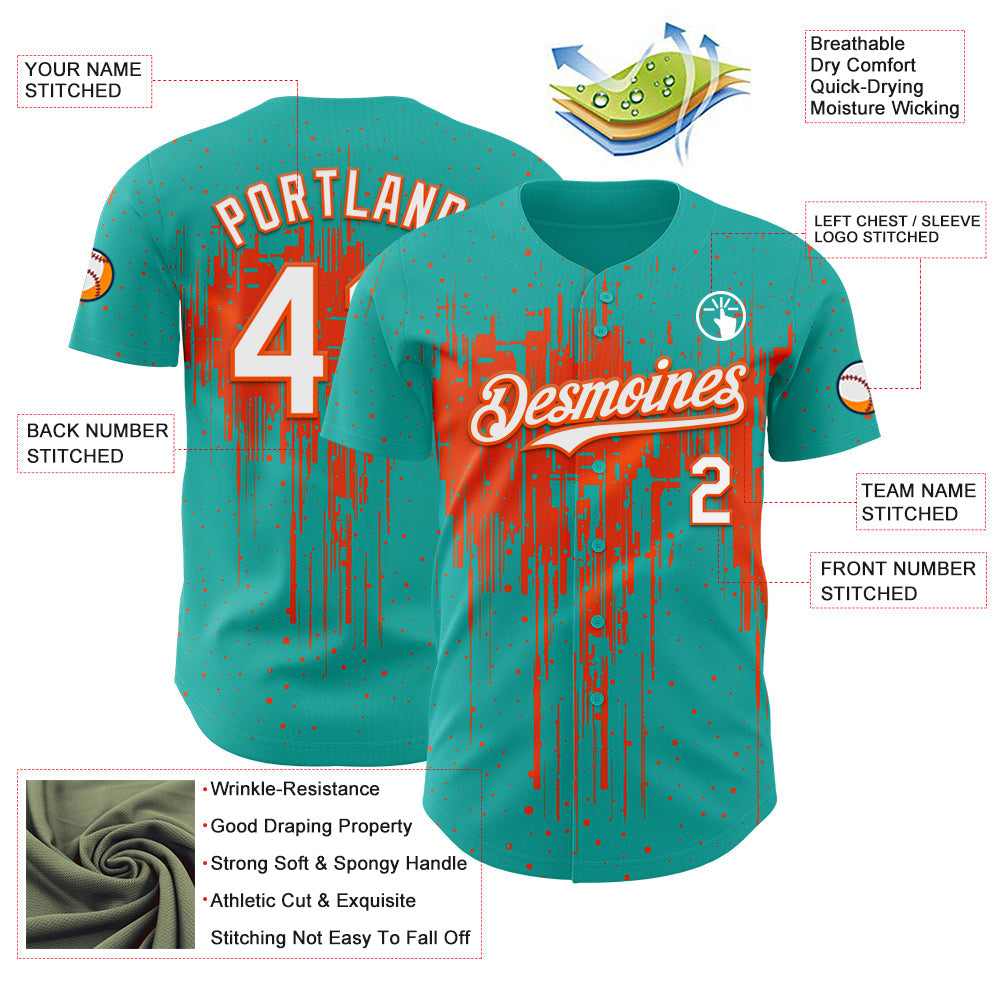 Custom Aqua White-Orange Dripping Splatter Paint Authentic Baseball Jersey view 3