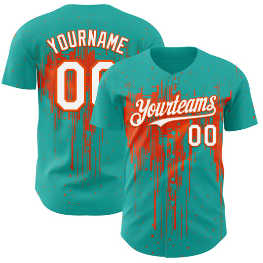 Custom Aqua White-Orange Dripping Splatter Paint Authentic Baseball Jersey - Main View