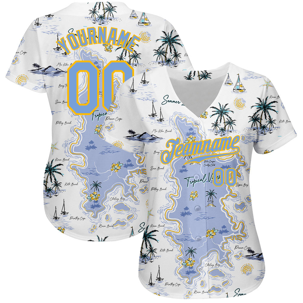 Custom White Light Blue-Yellow 3D Pattern Design Beach Hawaii Palm Trees And Island Authentic Baseball Jersey view 2
