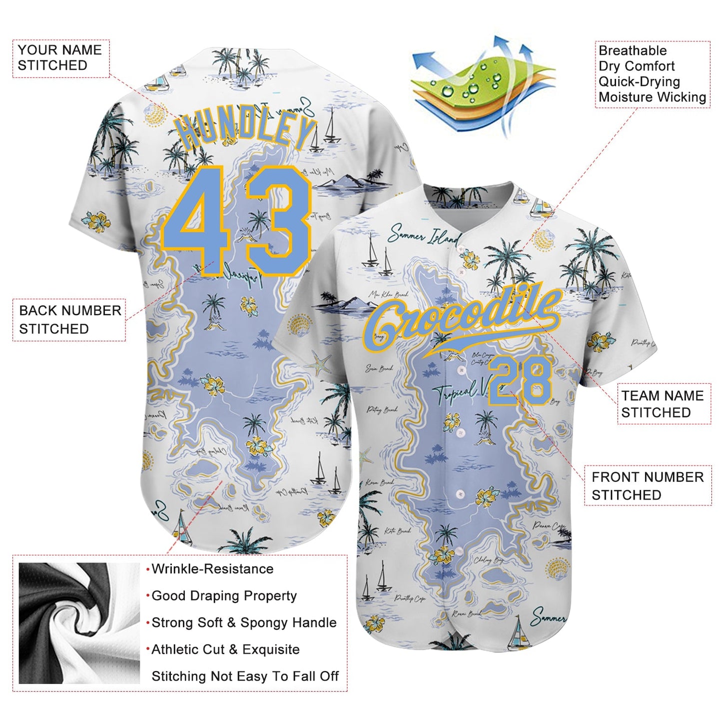 Custom White Light Blue-Yellow 3D Pattern Design Beach Hawaii Palm Trees And Island Authentic Baseball Jersey view 3