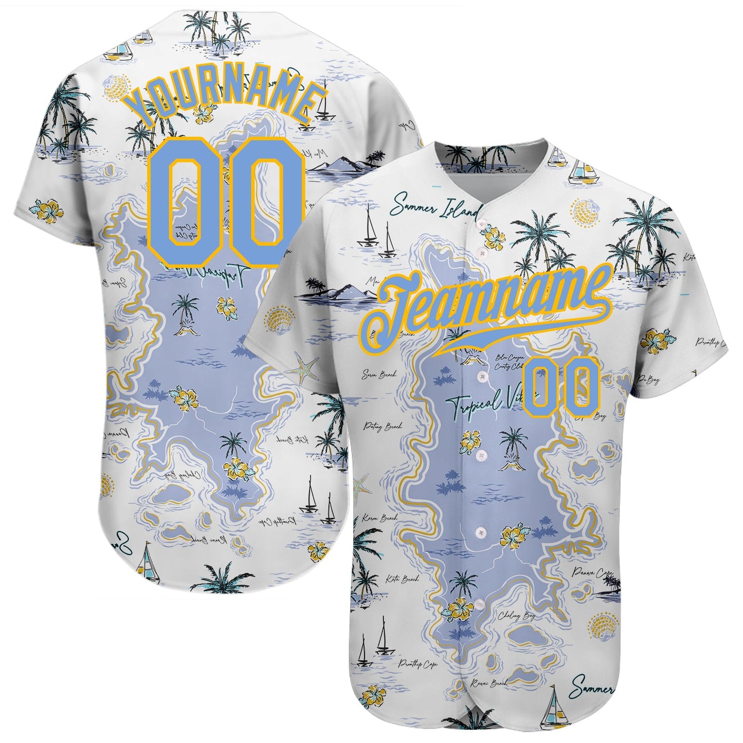 Custom White Light Blue-Yellow 3D Pattern Design Beach Hawaii Palm Trees And Island Authentic Baseball Jersey - Main View