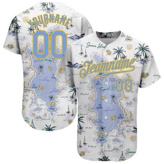 Custom White Light Blue-Yellow 3D Pattern Design Beach Hawaii Palm Trees And Island Authentic Baseball Jersey - Main View