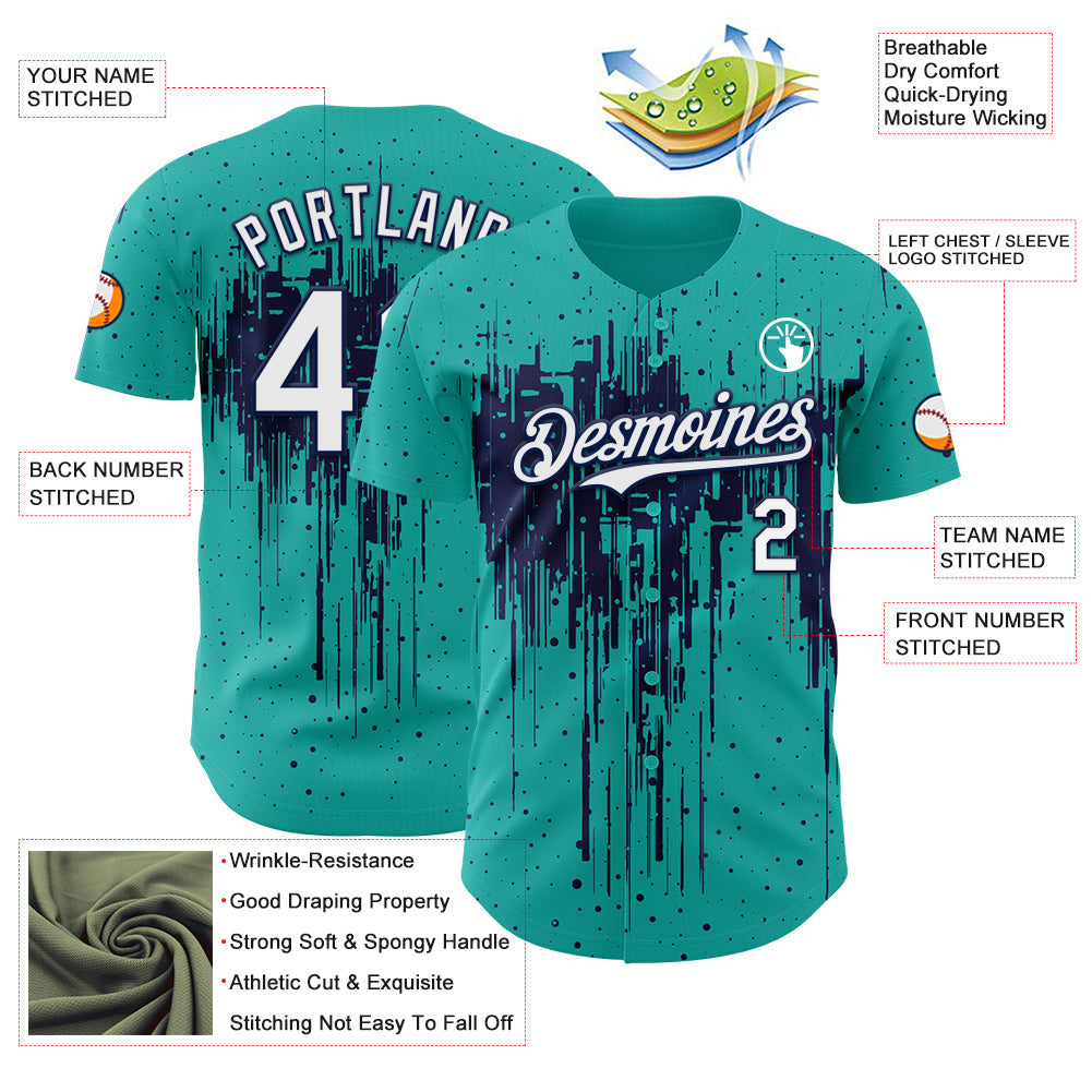 Custom Aqua White-Navy Dripping Splatter Paint Authentic Baseball Jersey view 3