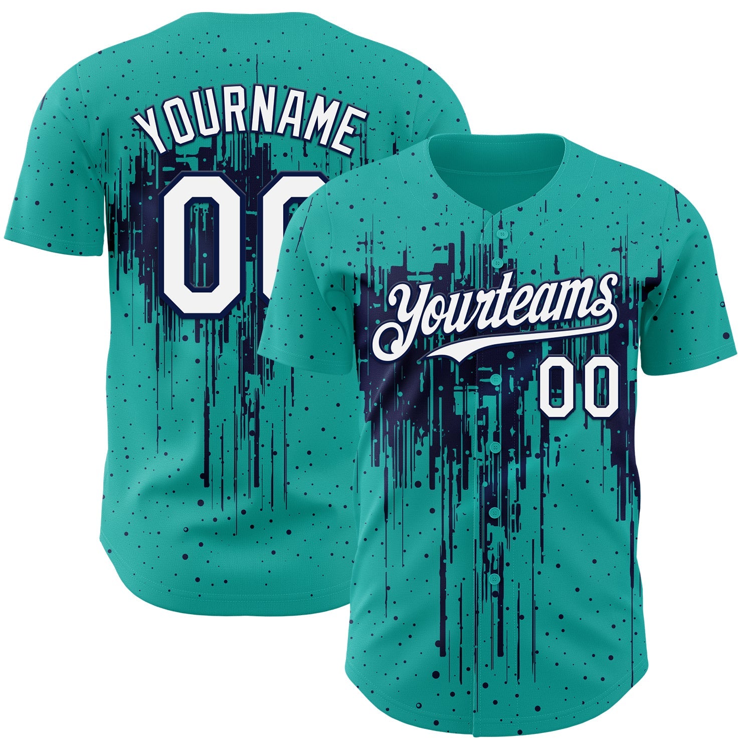 Custom Aqua White-Navy Dripping Splatter Paint Authentic Baseball Jersey - Main View
