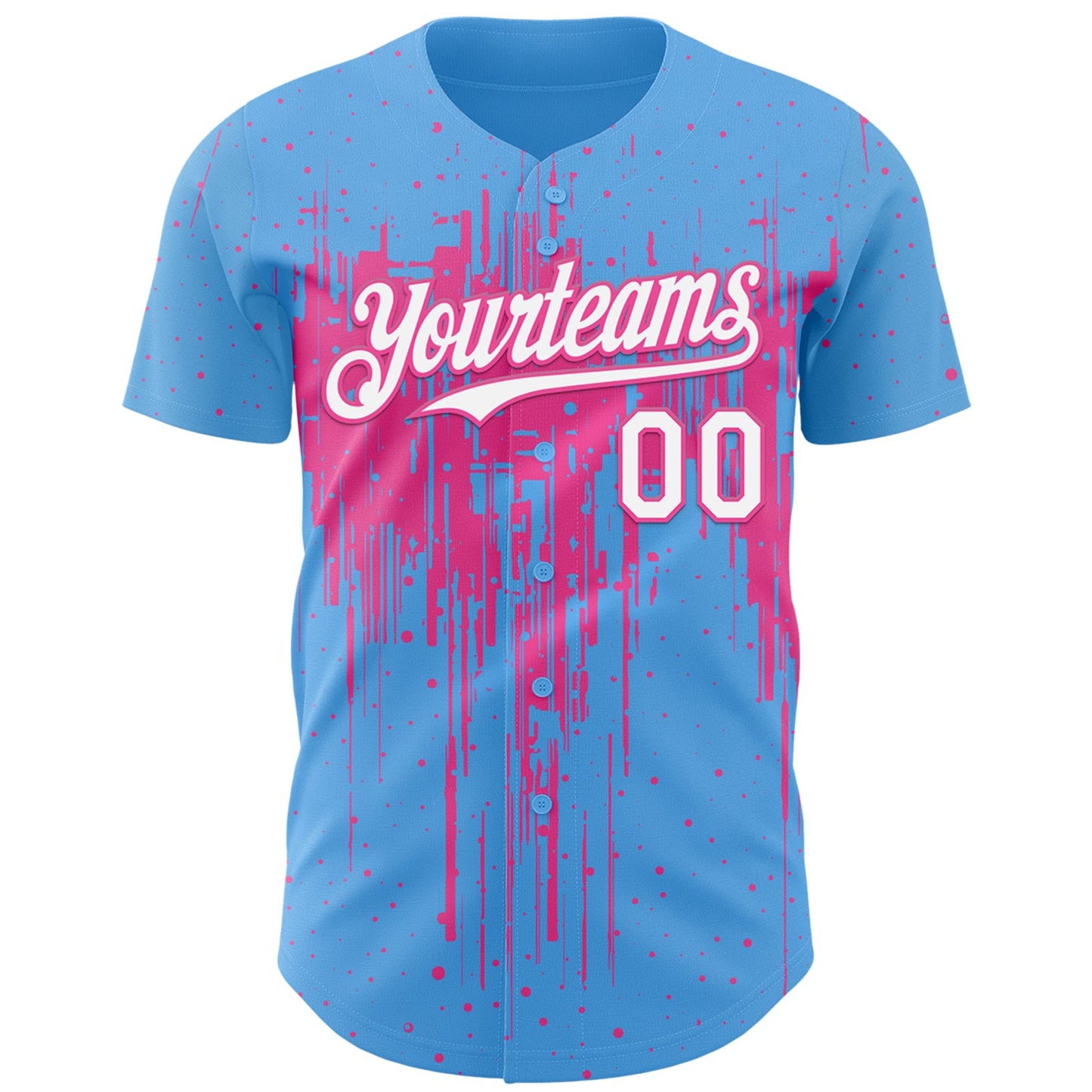 Custom Sky Blue White-Pink Dripping Splatter Paint Authentic Baseball Jersey view 2
