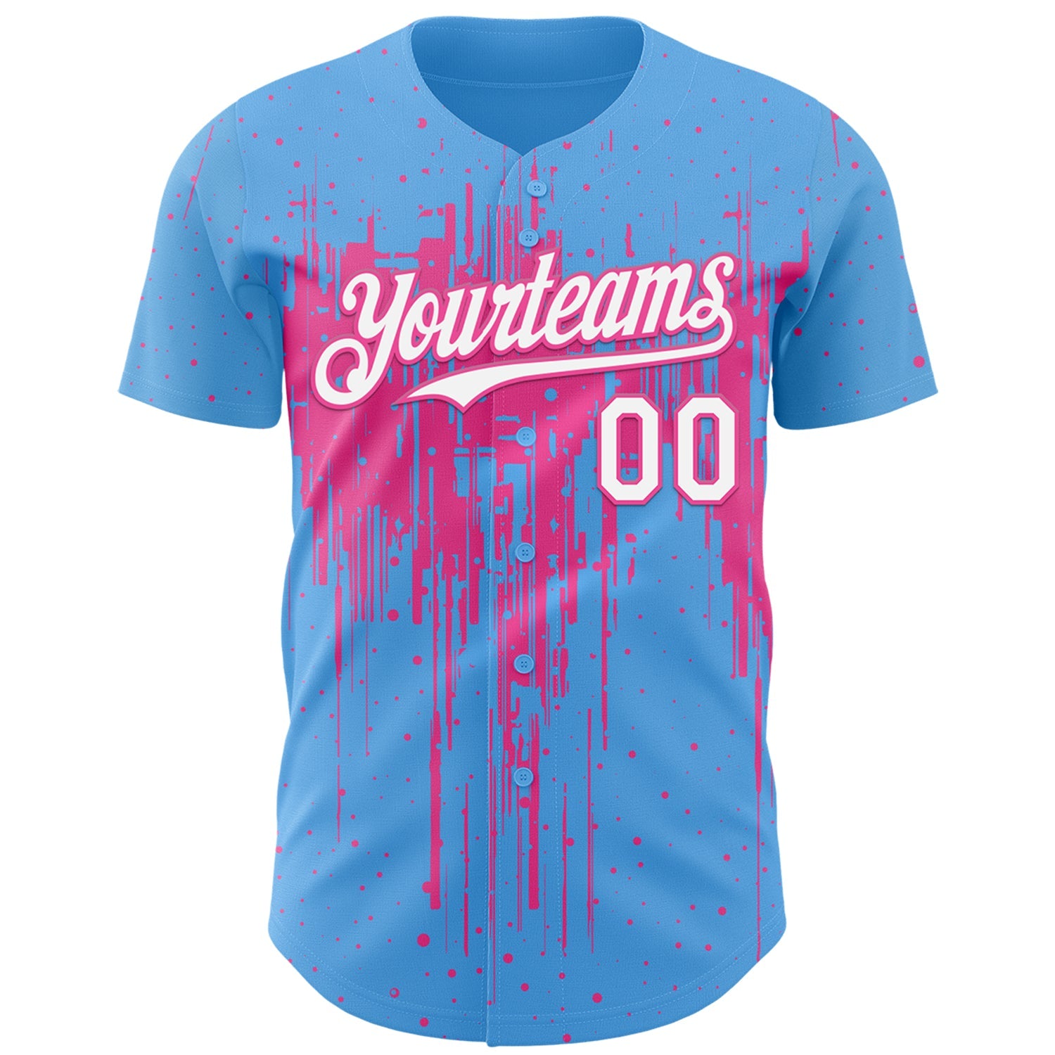 Custom Sky Blue White-Pink Dripping Splatter Paint Authentic Baseball Jersey view 2