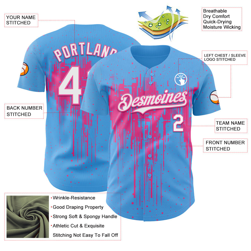 Custom Sky Blue White-Pink Dripping Splatter Paint Authentic Baseball Jersey view 3