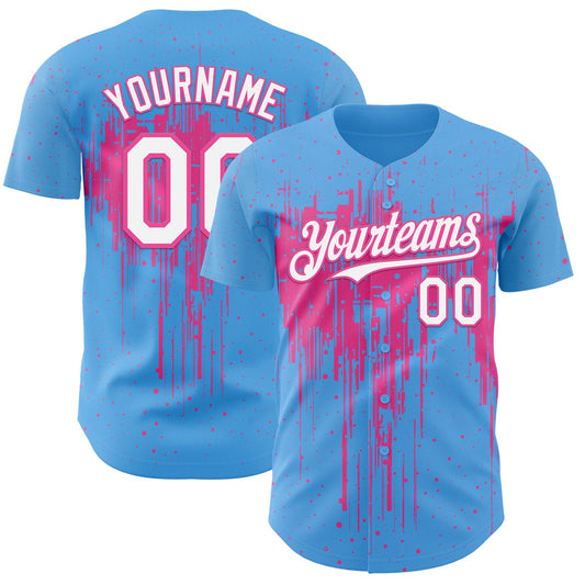 Custom Sky Blue White-Pink Dripping Splatter Paint Authentic Baseball Jersey - Main View