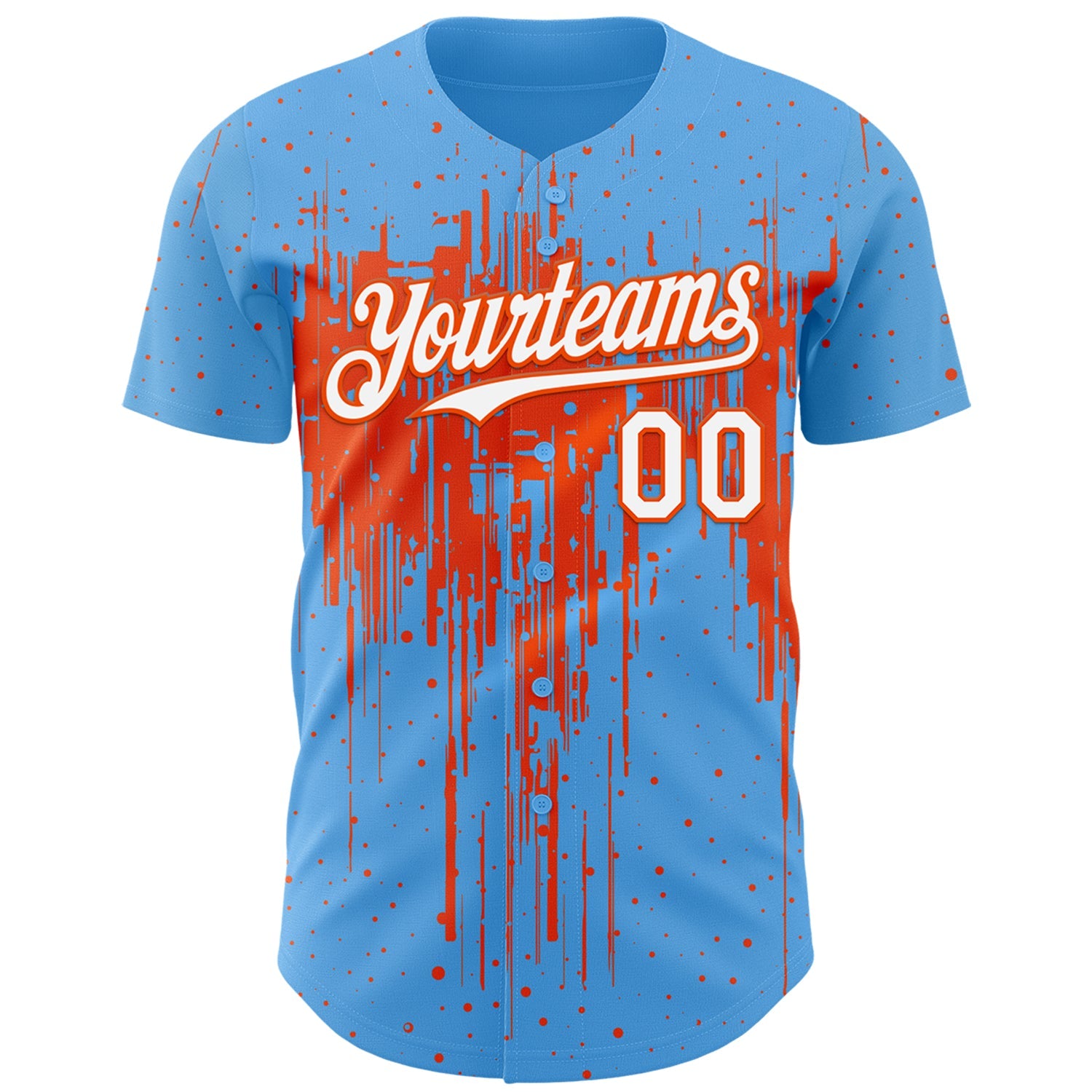 Custom Sky Blue White-Orange Dripping Splatter Paint Authentic Baseball Jersey view 2