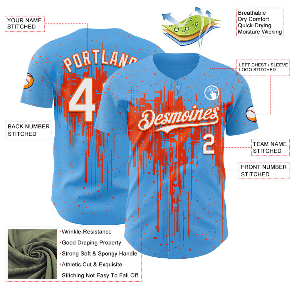 Custom Sky Blue White-Orange Dripping Splatter Paint Authentic Baseball Jersey view 3