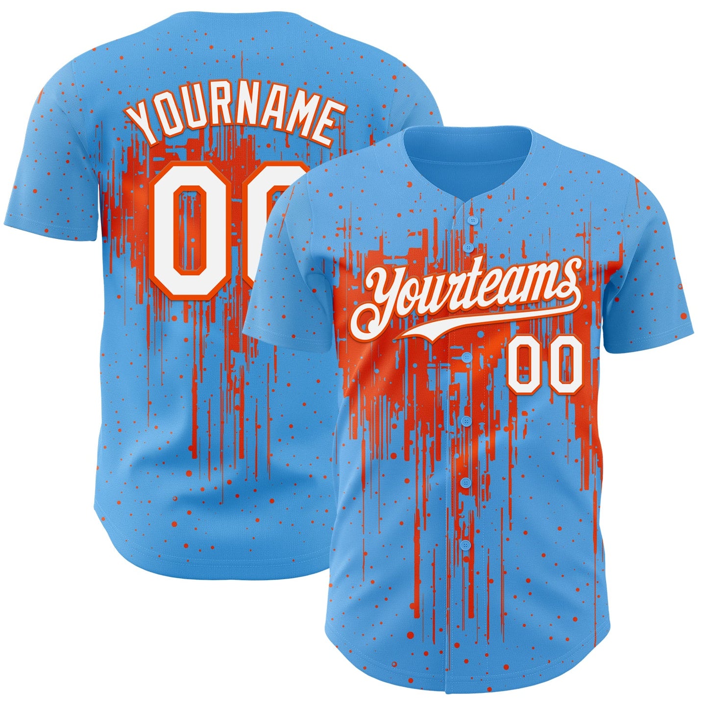 Custom Sky Blue White-Orange Dripping Splatter Paint Authentic Baseball Jersey - Main View