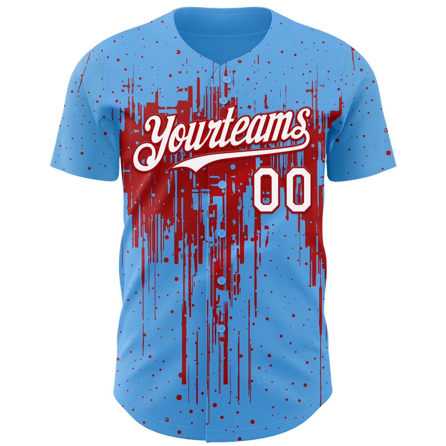 Custom Sky Blue White-Red Dripping Splatter Paint Authentic Baseball Jersey view 2